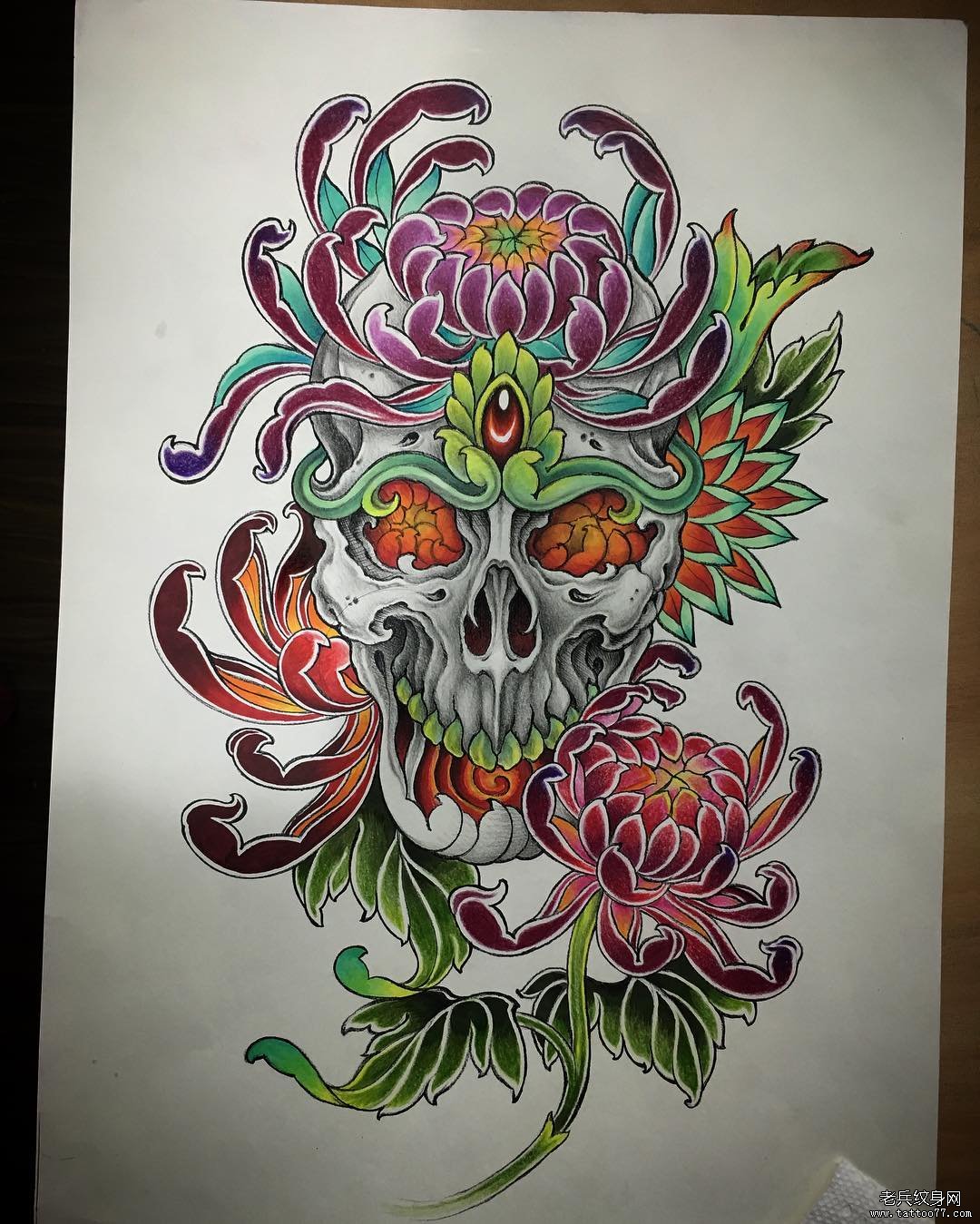 菊花骷髅彩色传统纹身图案手稿