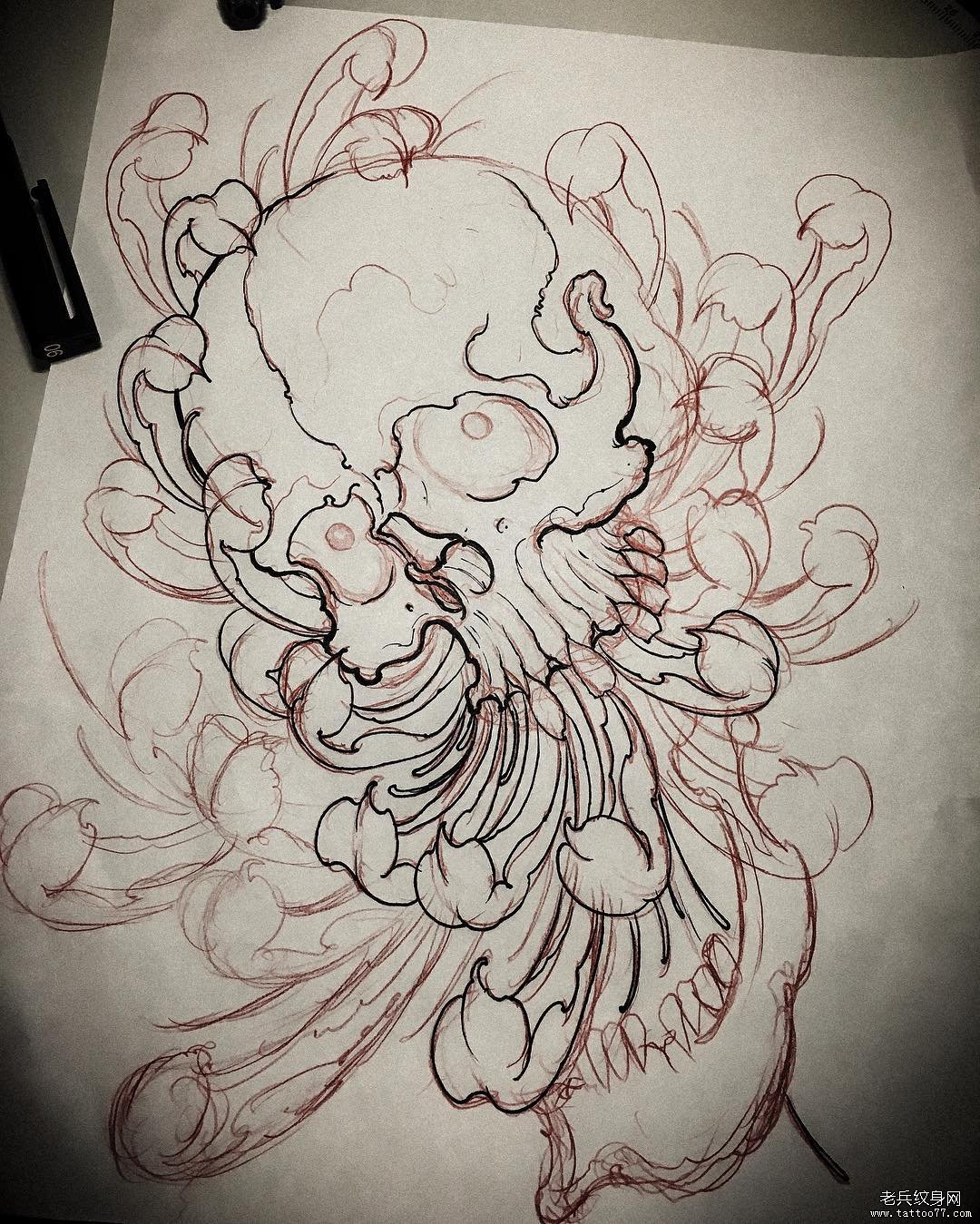 骷髅传统菊花纹身图案线稿