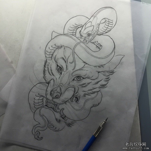 欧美狼头蛇school纹身图案线稿