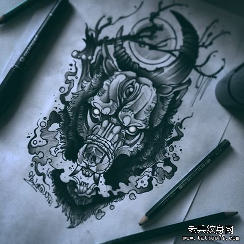 暗黑系school狼头纹身图案手稿