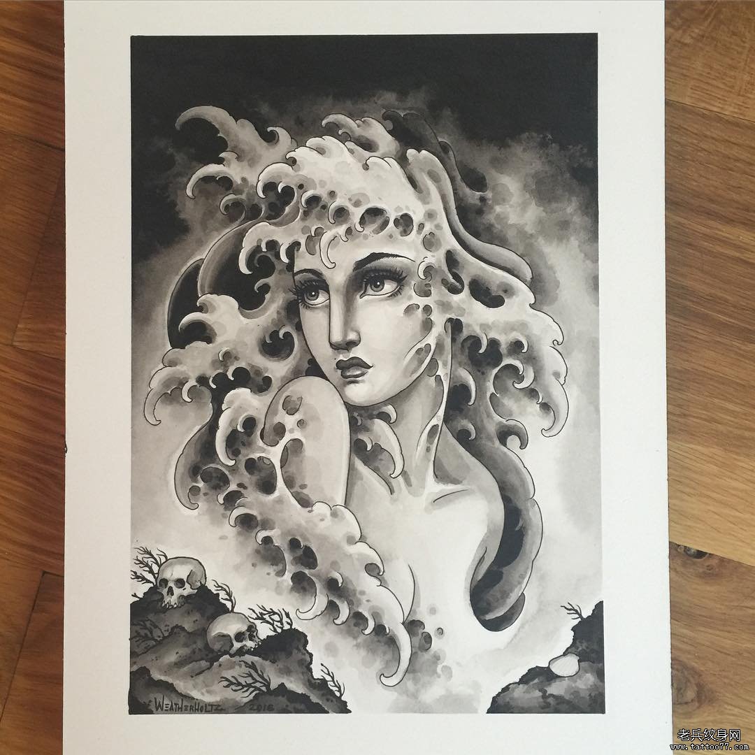 黑灰浪花女郎纹身图案手稿