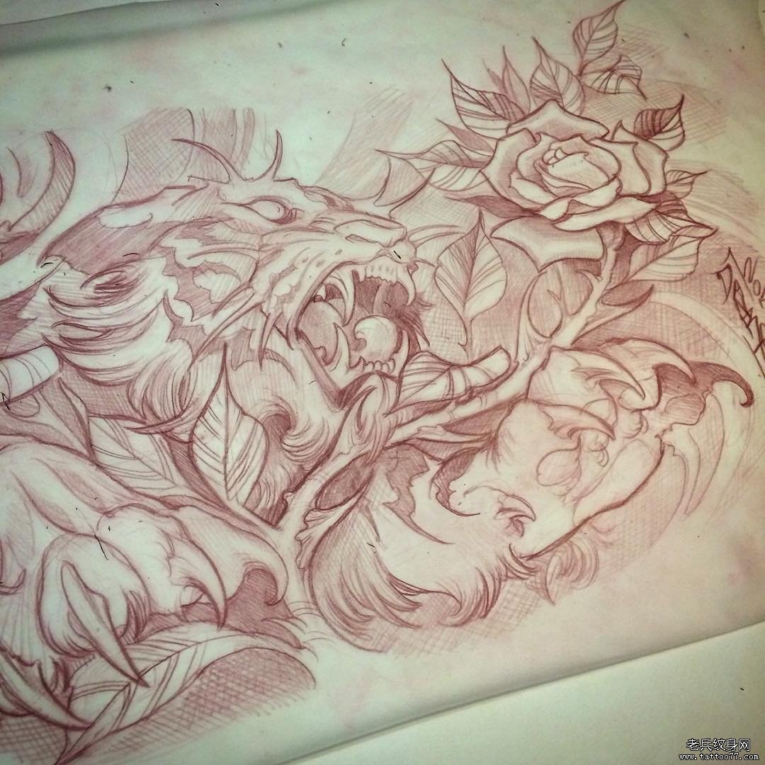 欧美老虎玫瑰纹身图案手稿