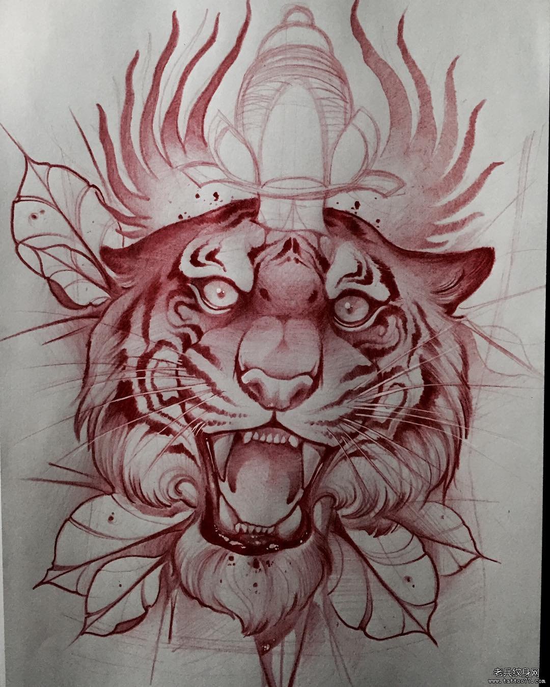 欧美school花卉老虎纹身图案手稿