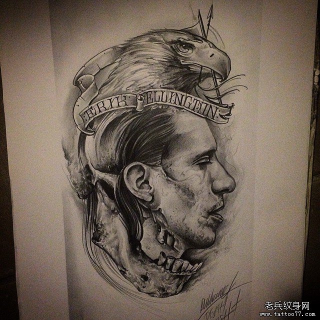 骷髅老鹰黑灰纹身图案手稿