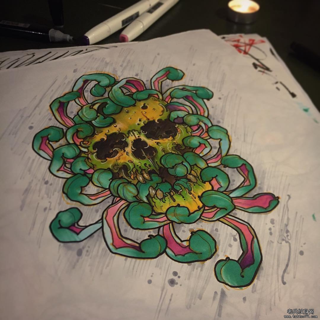 彩色传统菊花骷髅菊花纹身图案手稿