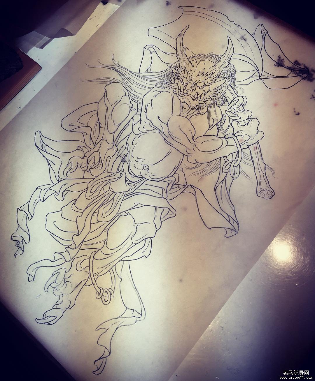 传统雷神纹身图案线稿