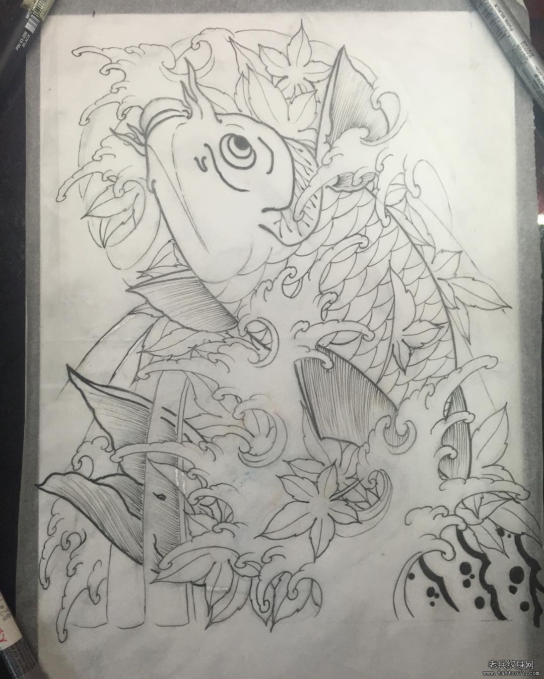 鲤鱼传统莲花纹身图案线稿