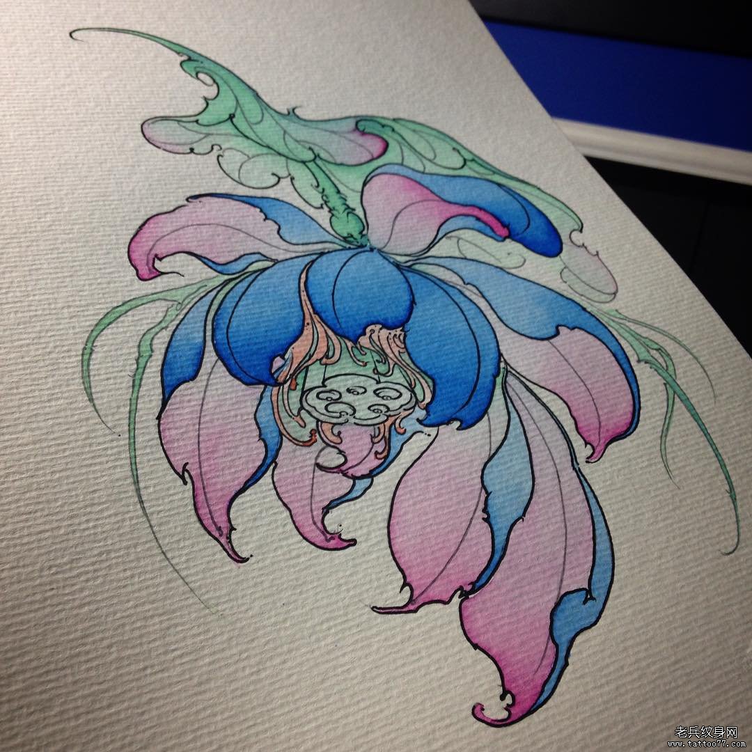 彩色传统莲花纹身图案手稿