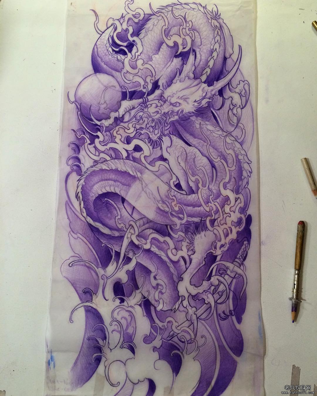 龙花臂传统纹身图案手稿