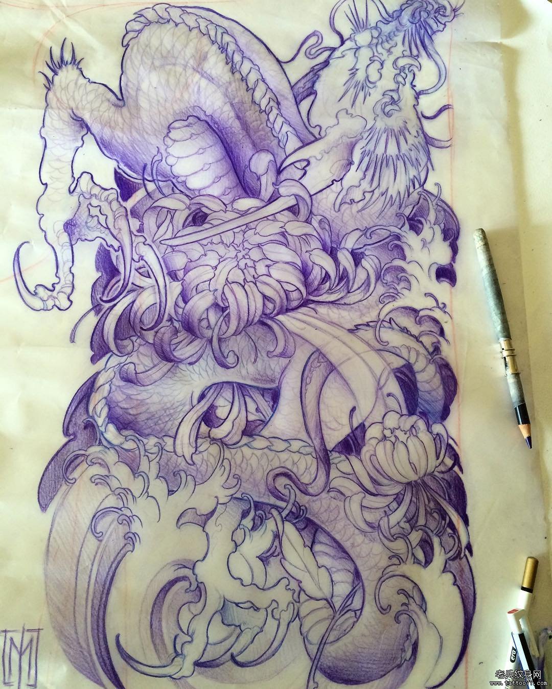 菊花龙纹身图案满背手稿