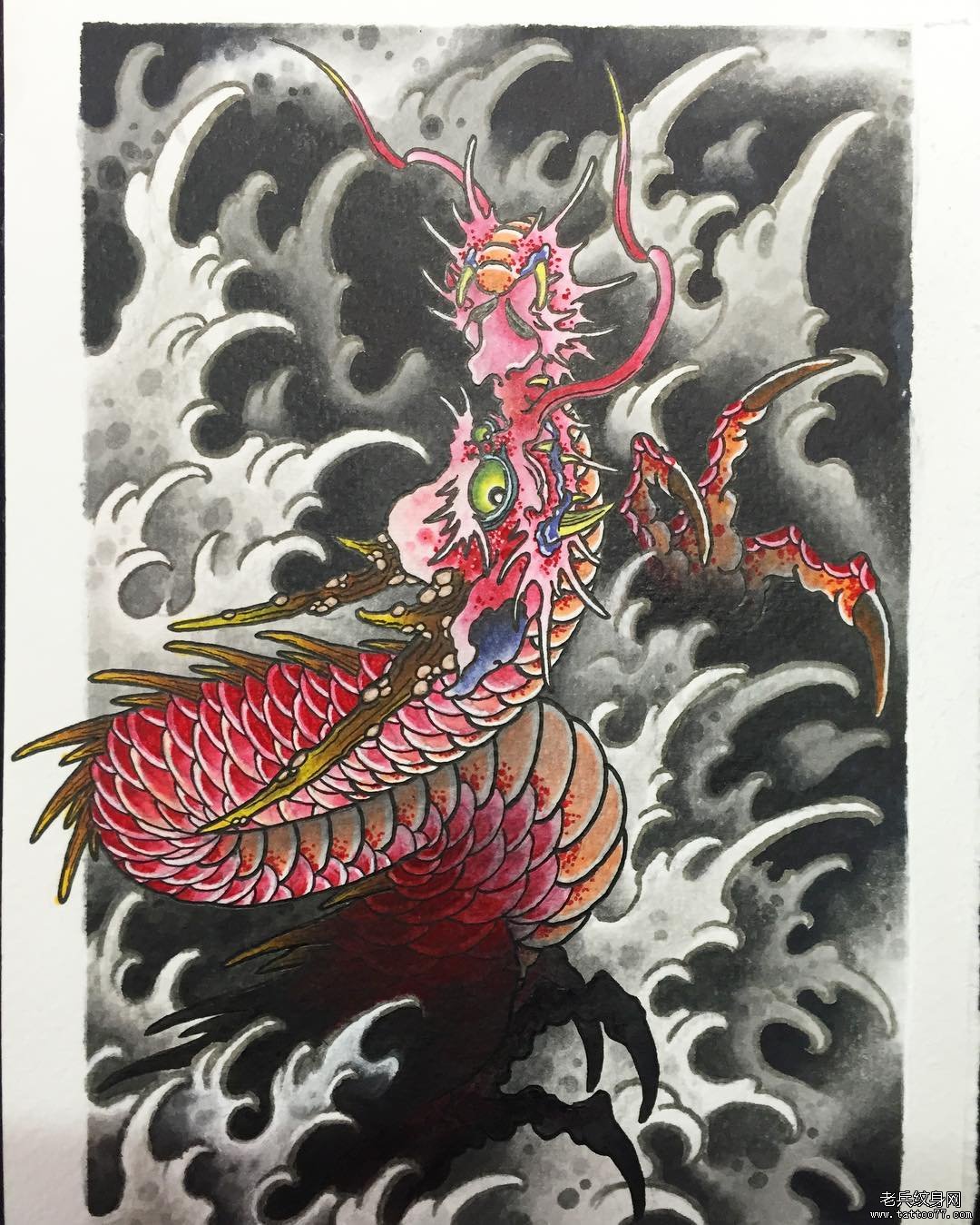 传统浪花龙彩色纹身图案手稿