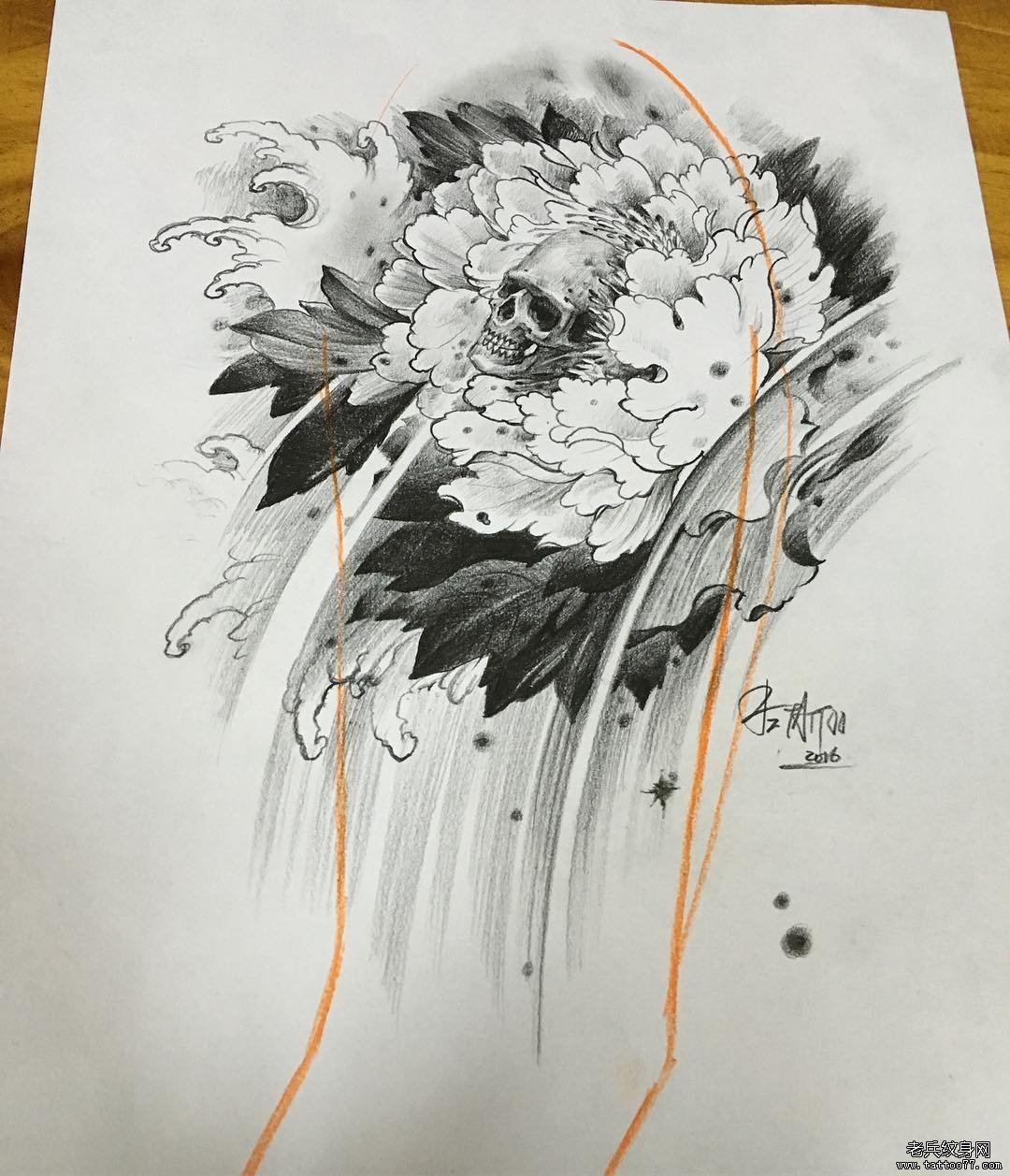 黑灰牡丹骷髅传统纹身图案手稿