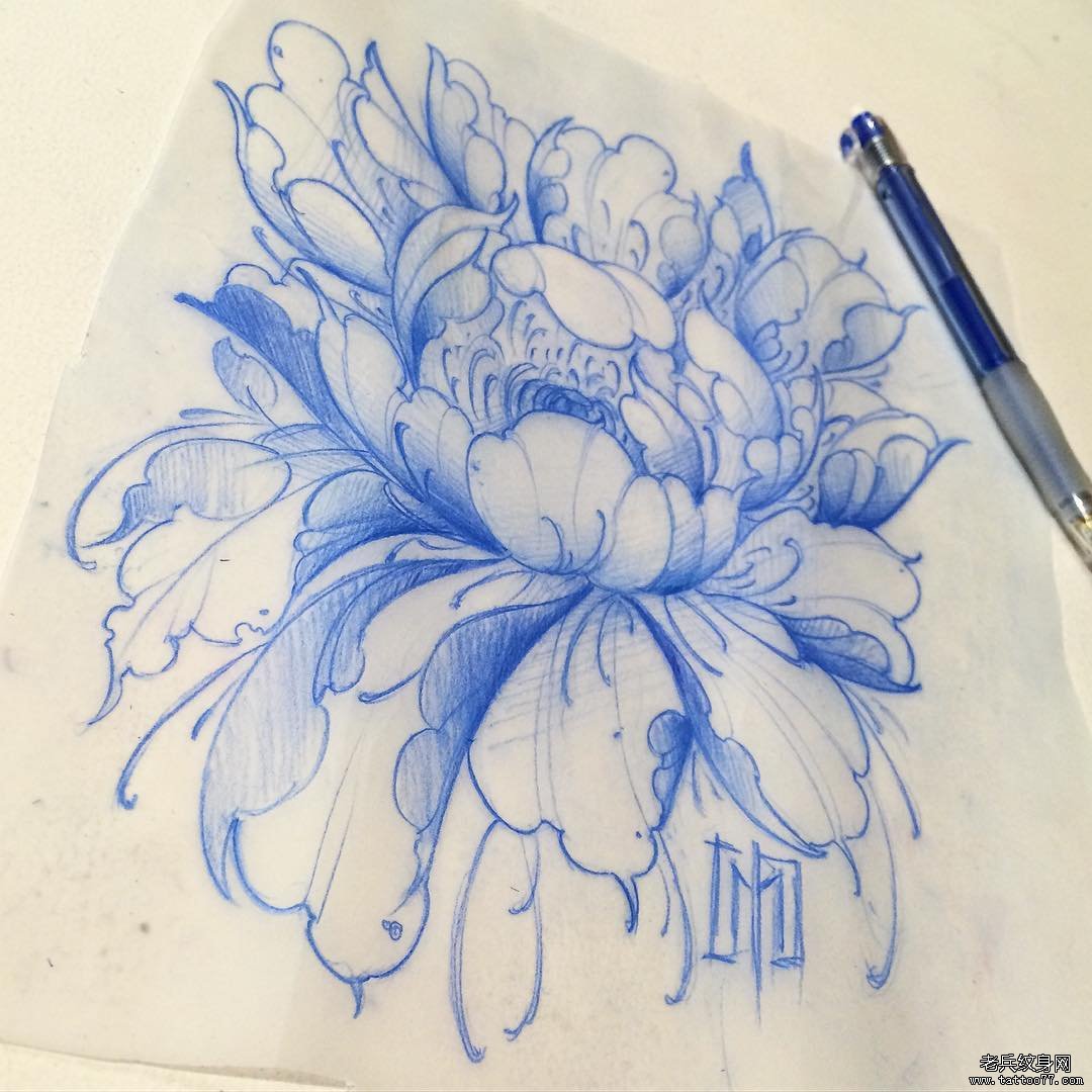 牡丹传统纹身图案手稿