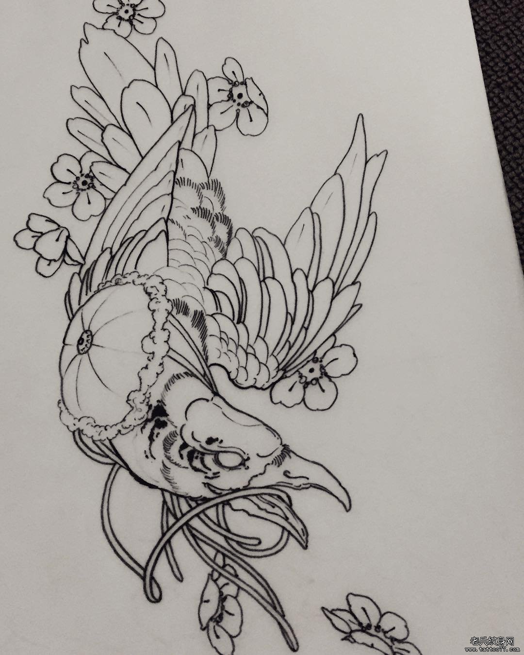 欧美樱花乌鸦纹身图案线稿