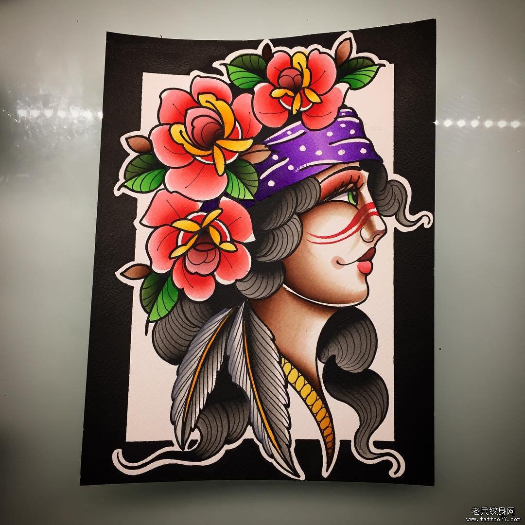 欧美彩色old school女郎纹身图案手稿
