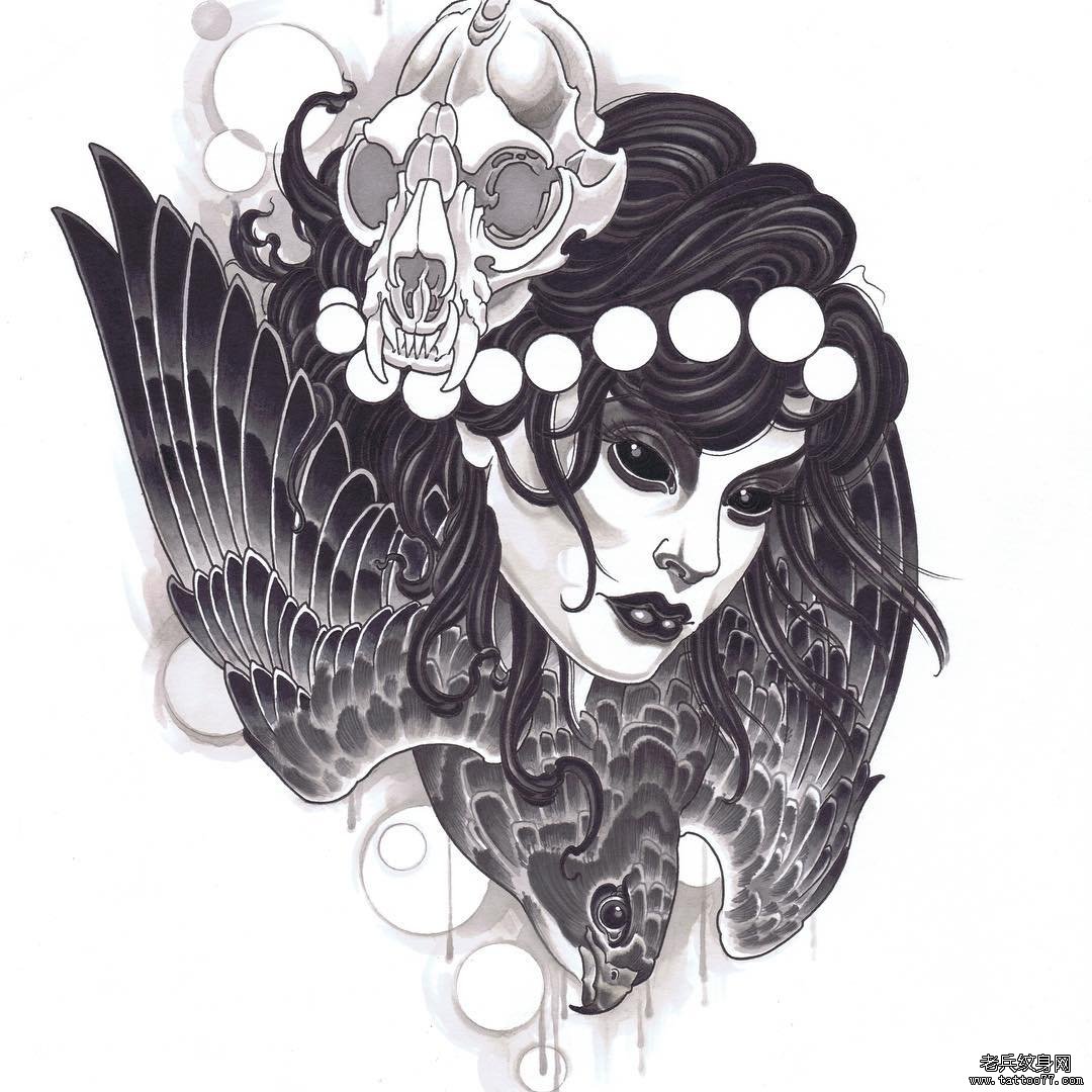 欧美黑灰女郎老鹰纹身图案手稿