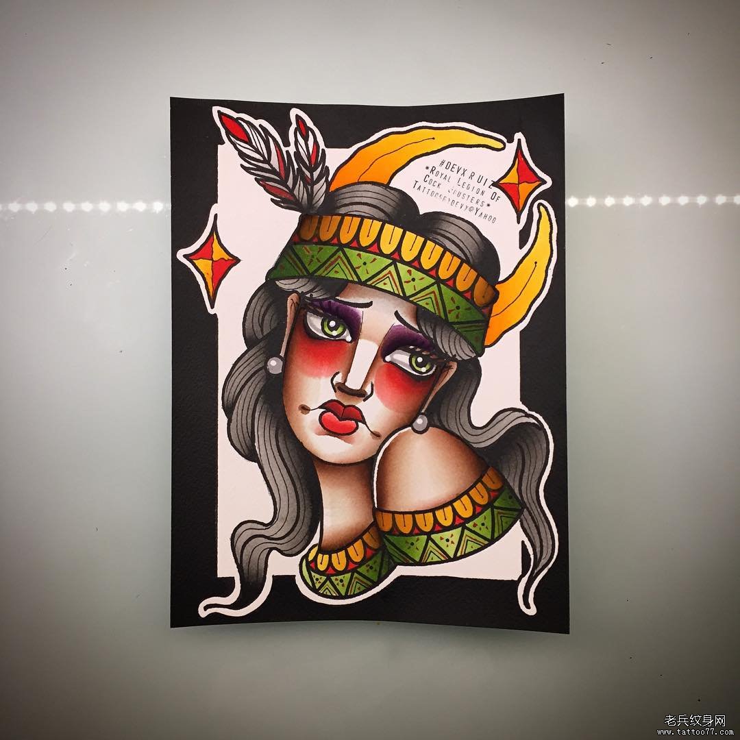 old school 女郎彩色月亮纹身图案手稿