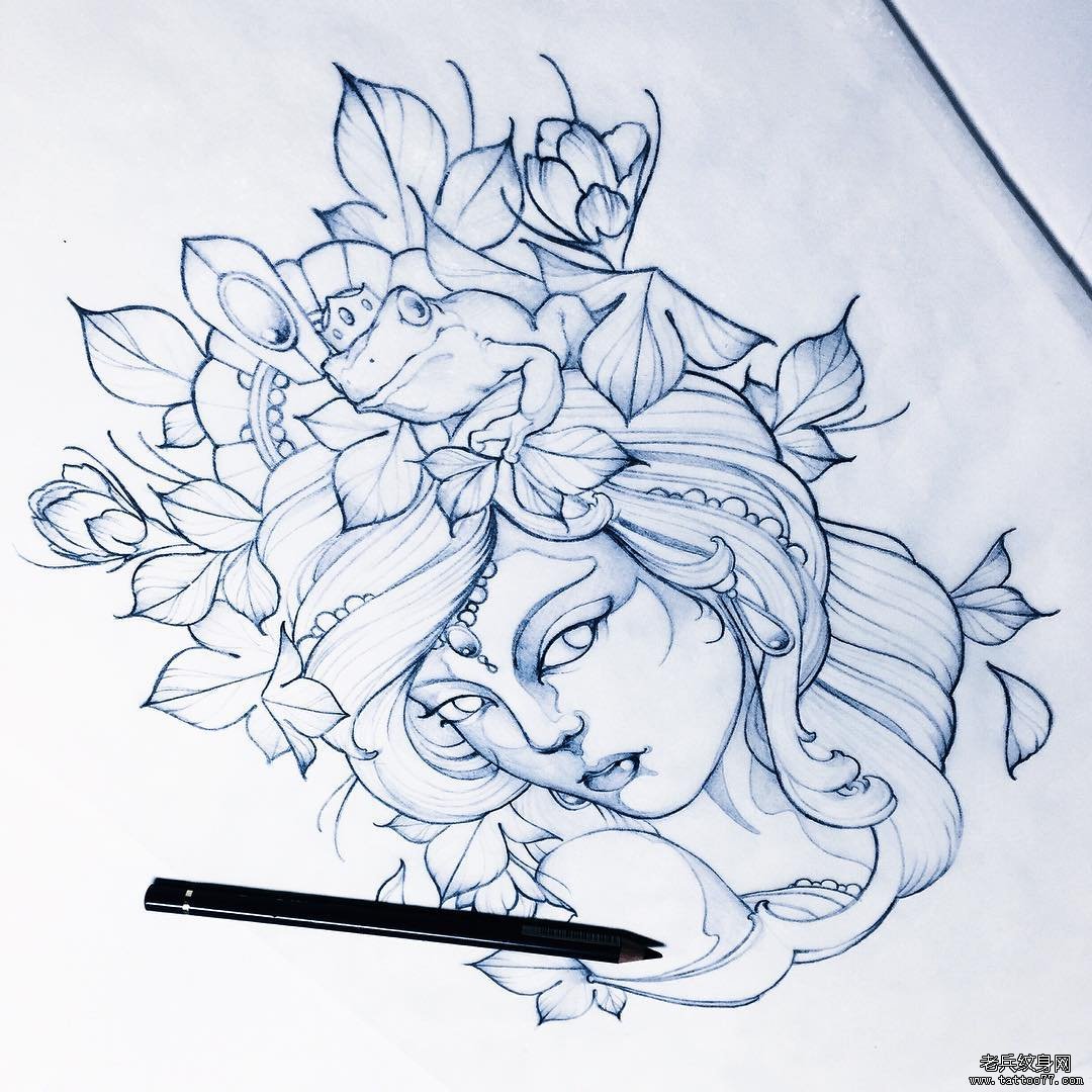 女郎花卉青蛙纹身图案线稿