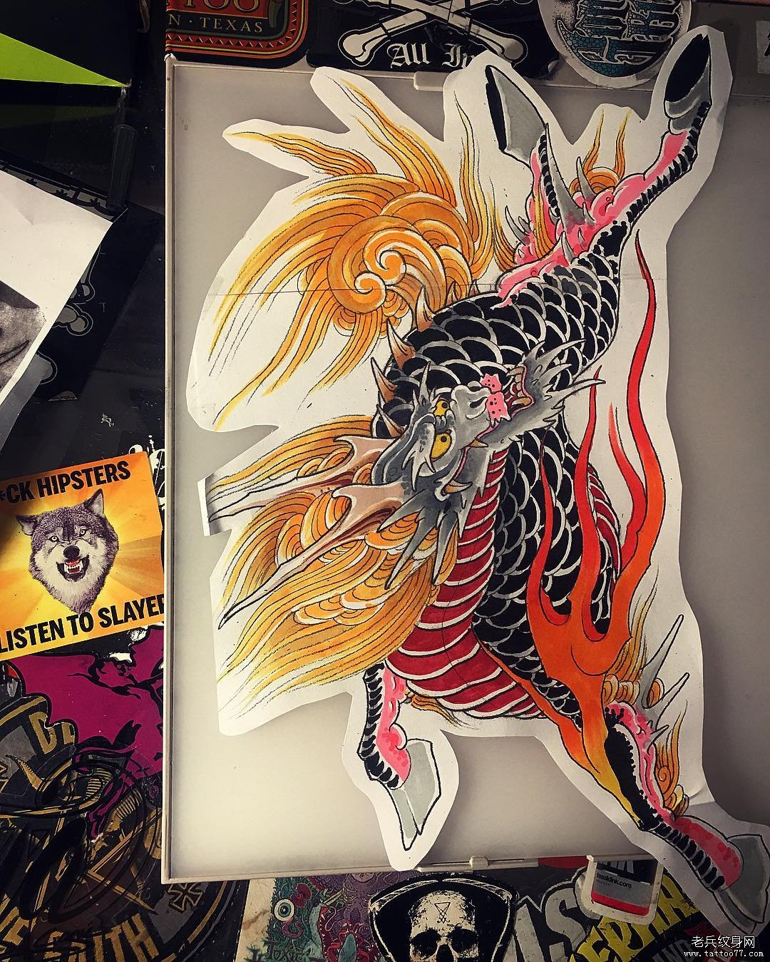 麒麟纹身图案传统彩色手稿
