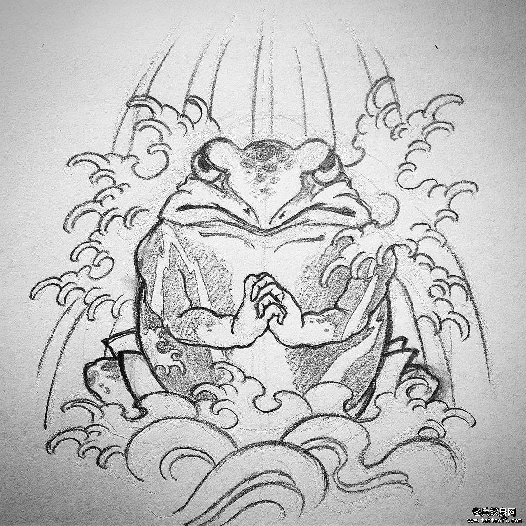 青蛙传统黑灰纹身图案手稿