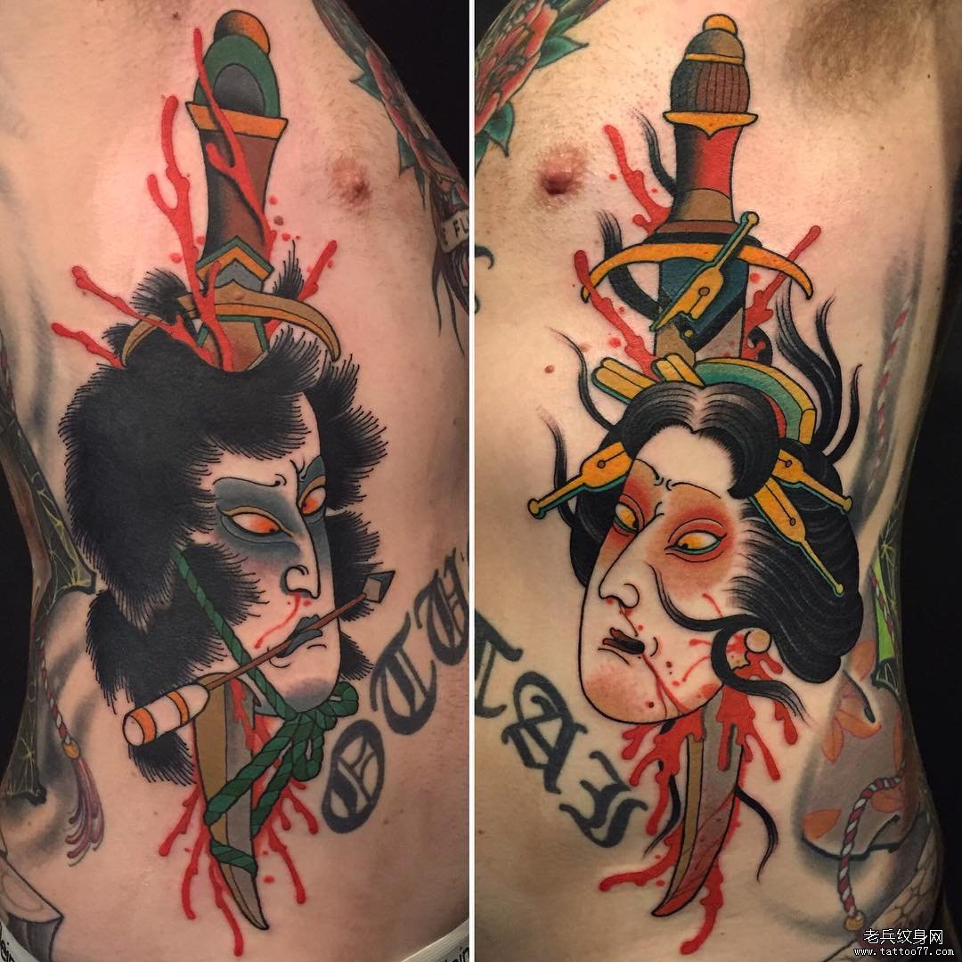 侧腰彩色传统生首纹身图案