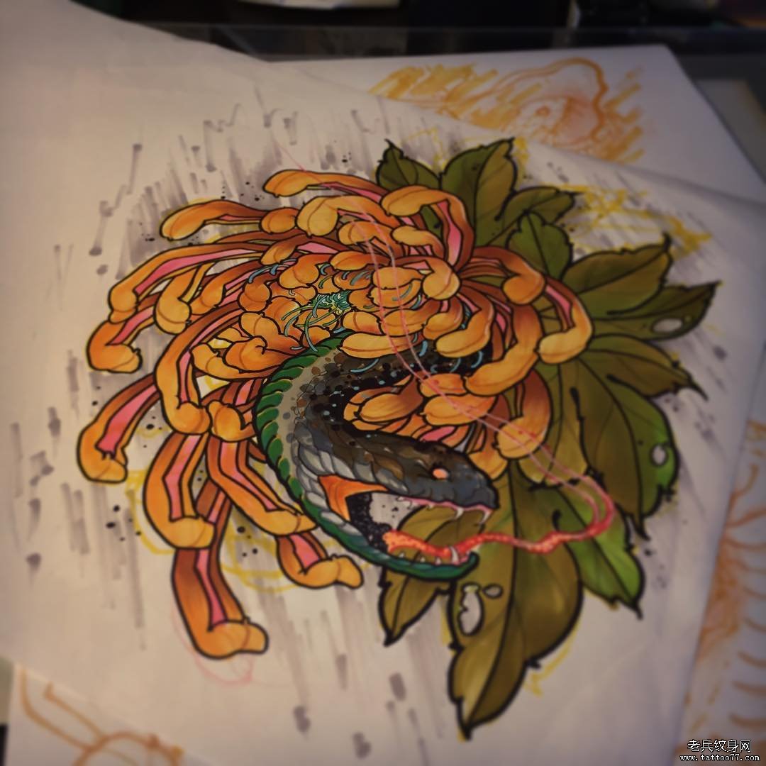 菊花蛇传统纹身图案手稿