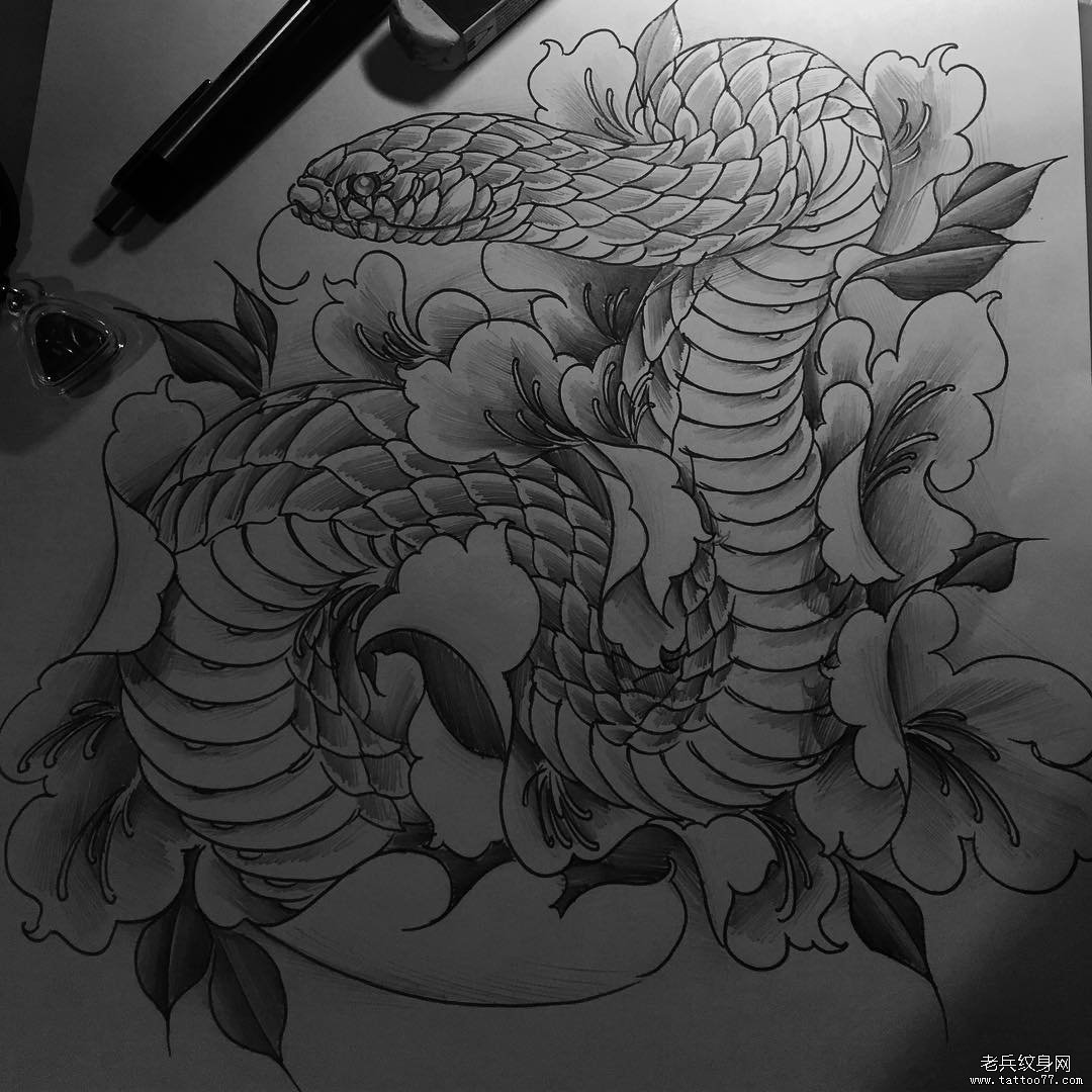 牡丹传统蛇纹身图案手稿