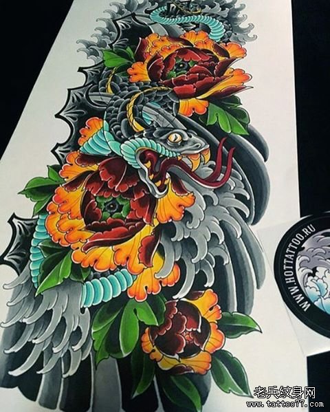 传统牡丹蛇纹身图案彩色手稿