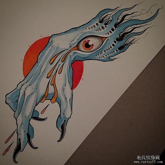 欧美手眼睛彩色纹身图案手稿