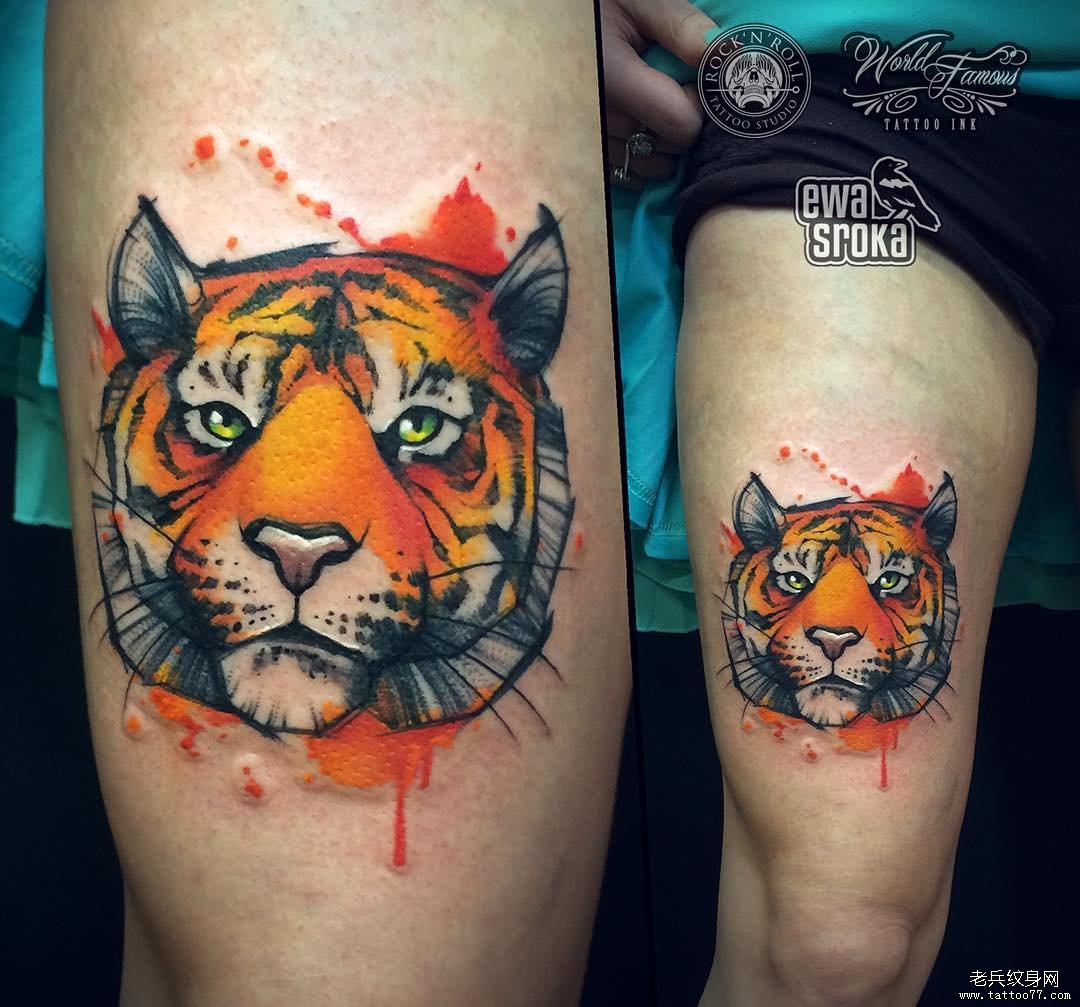 大腿老虎彩色泼墨纹身图案