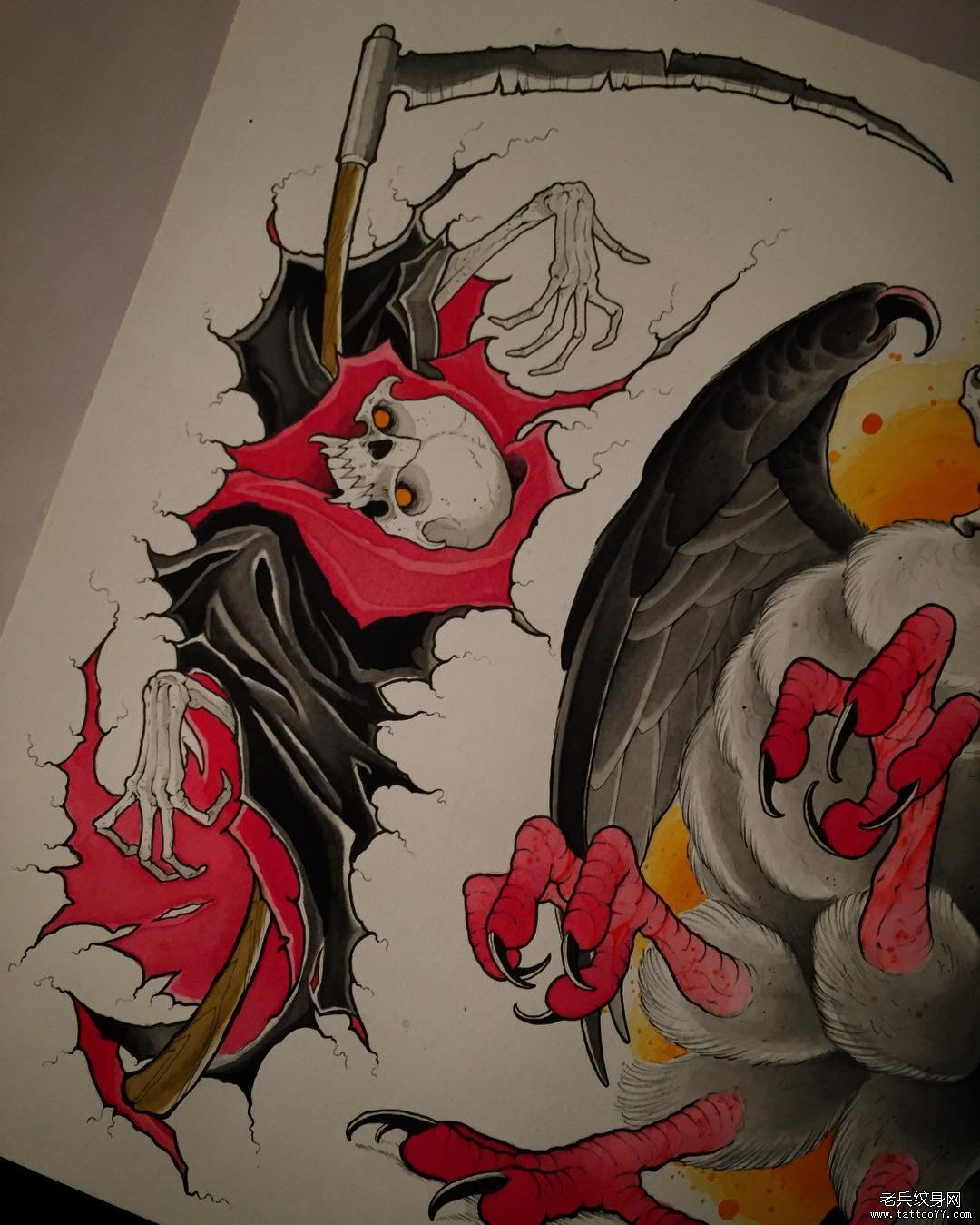 old school彩色死神纹身图案手稿