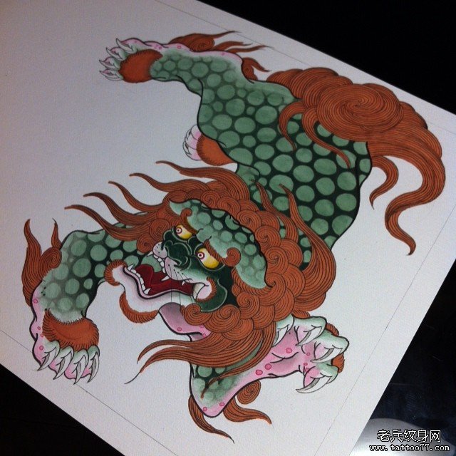 彩色老传统唐狮纹身图案手稿