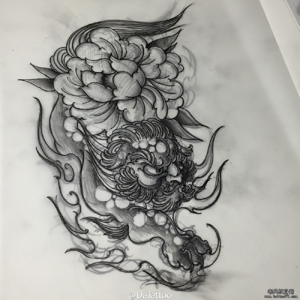 黑灰唐狮牡丹纹身传统图案