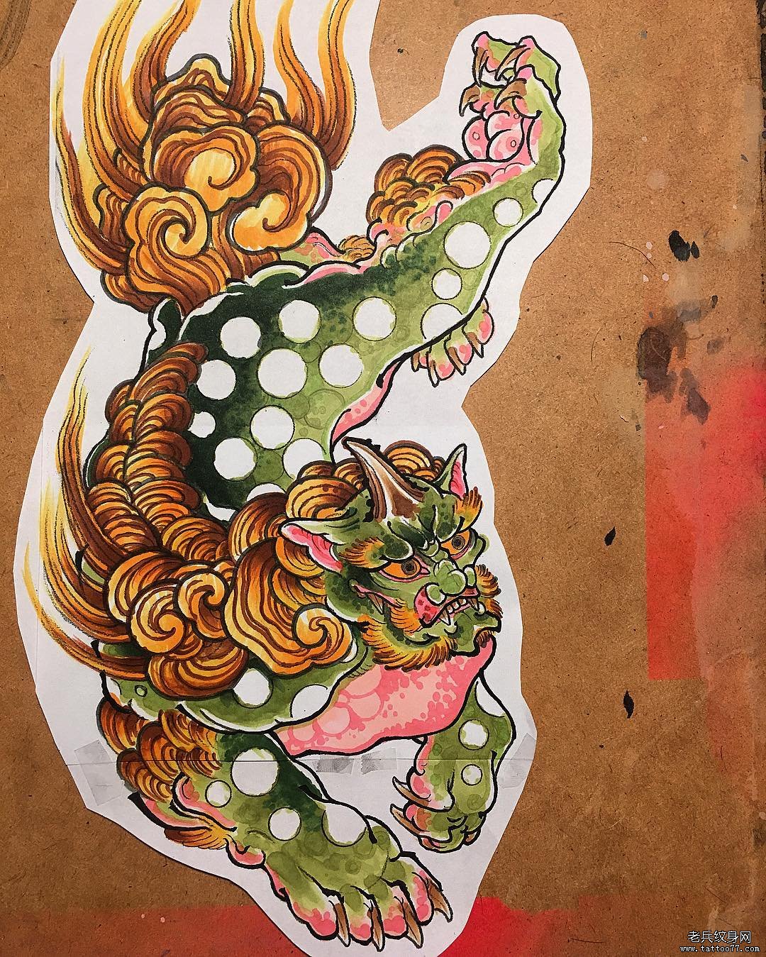 彩色唐狮传统纹身图案手稿