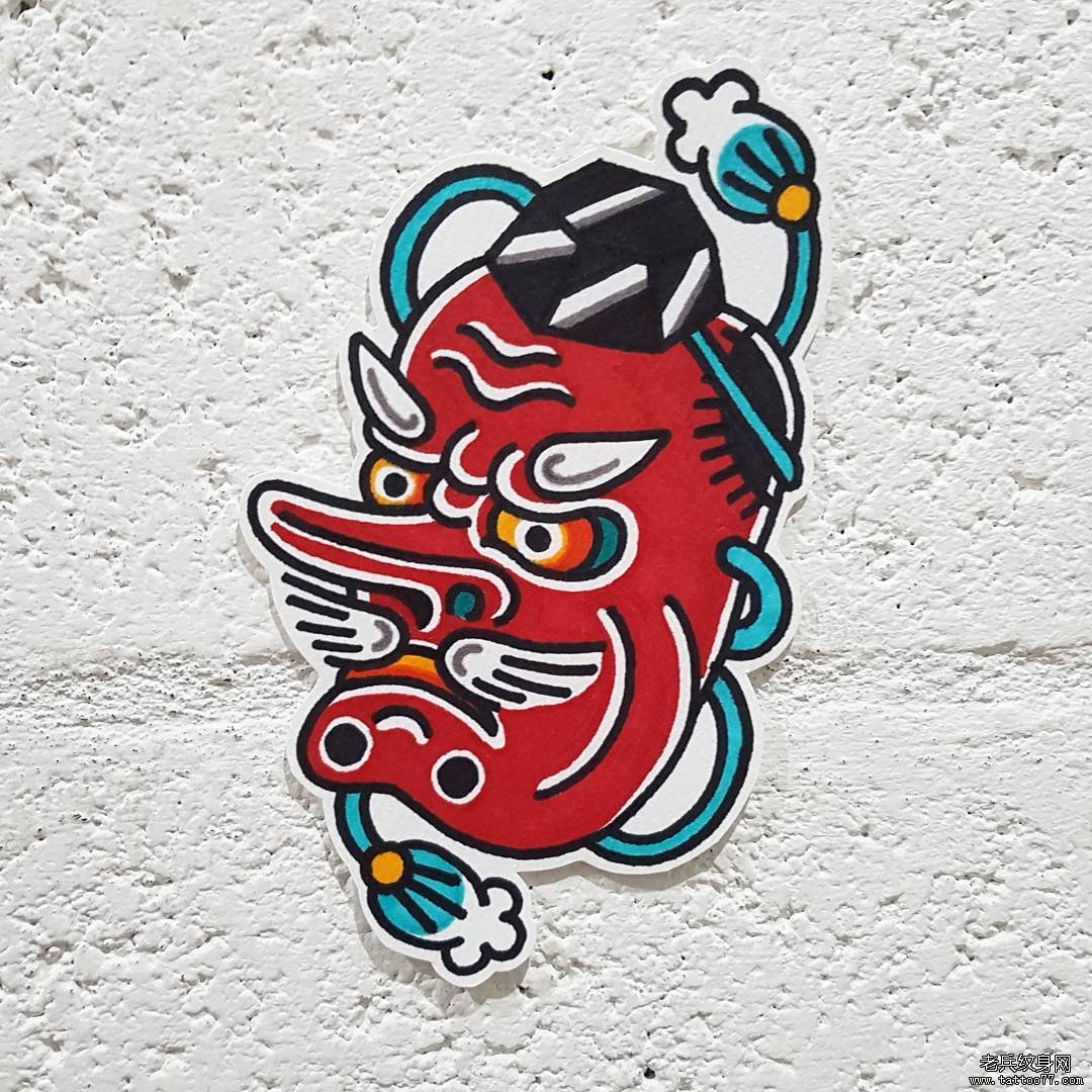 彩色天狗纹身图案手稿