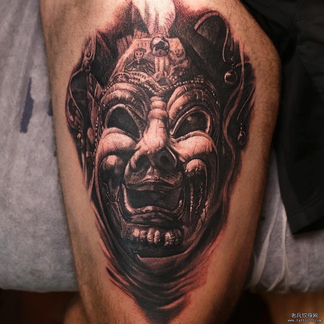 大腿黑灰纹身小丑欧美图案