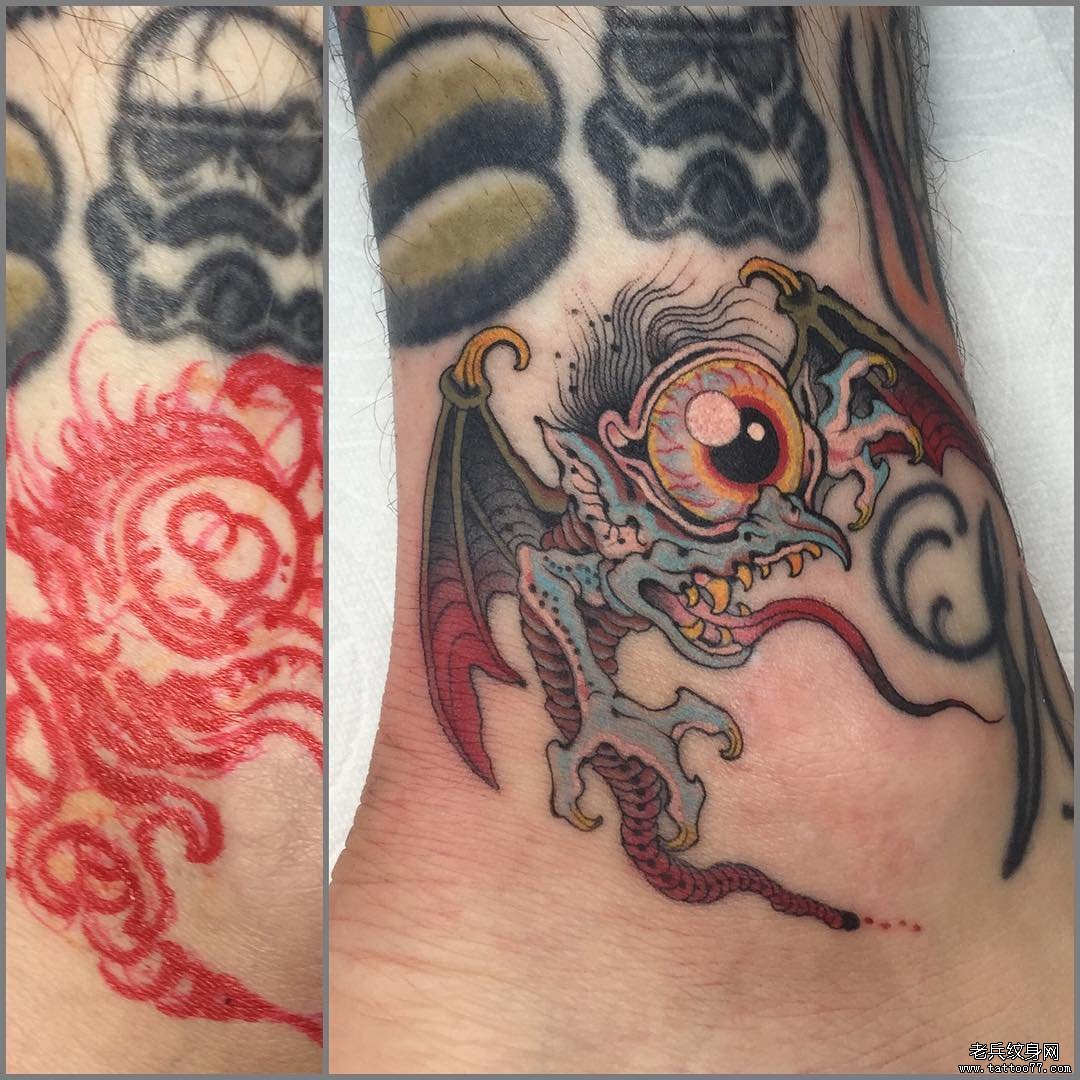 彩色脚踝恶魔纹身欧美图案