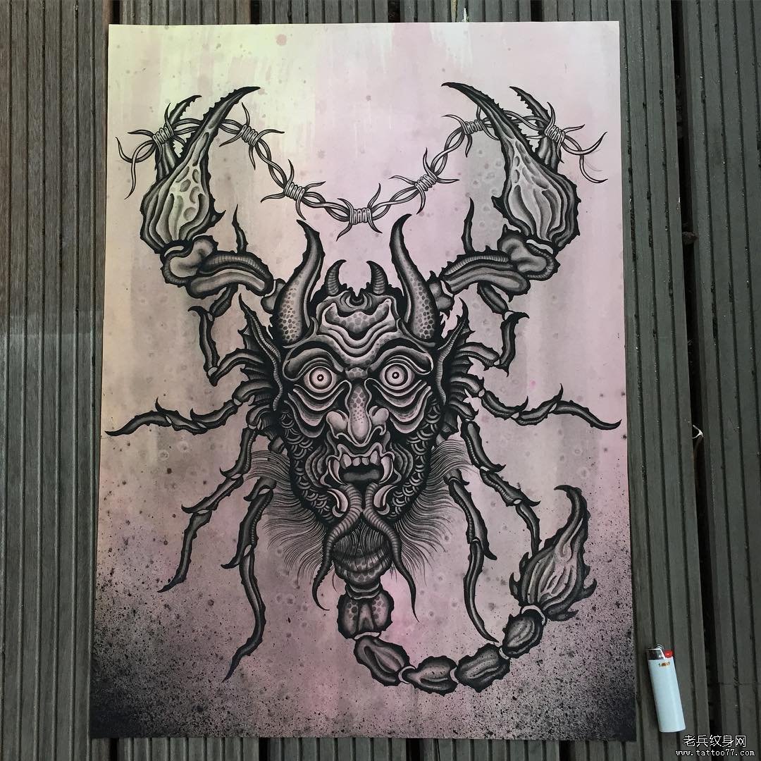 欧美蝎子恶魔黑灰纹身图案手稿