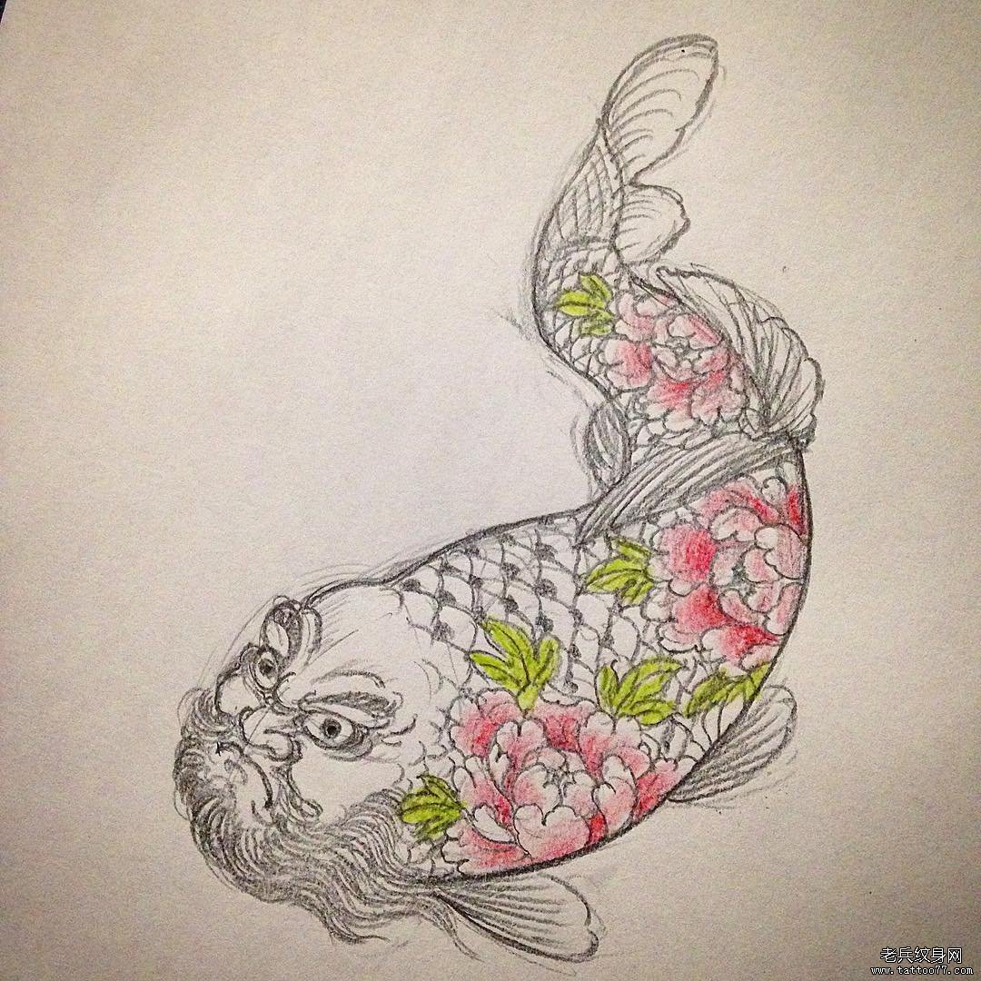 传统鱼花卉纹身图案手稿