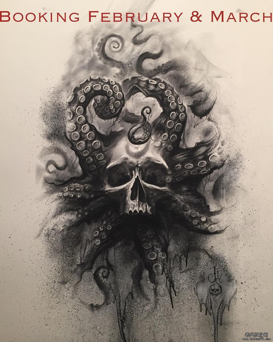 黑灰章鱼骷髅纹身图案手稿