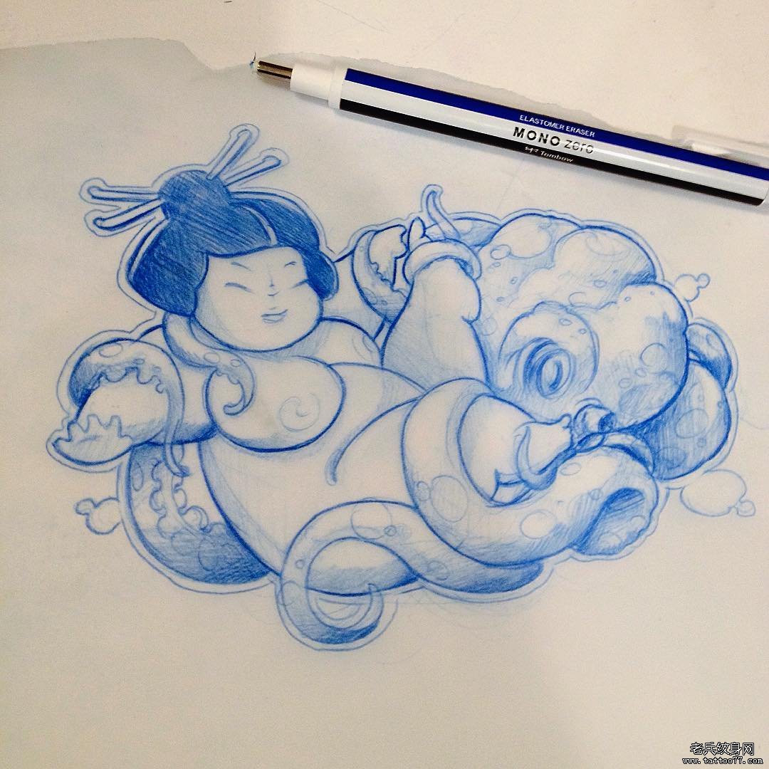 传统艺妓章鱼纹身图案手稿