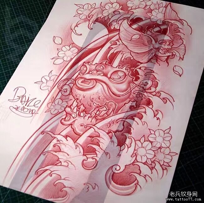 传统金蟾樱花纹身图案手稿