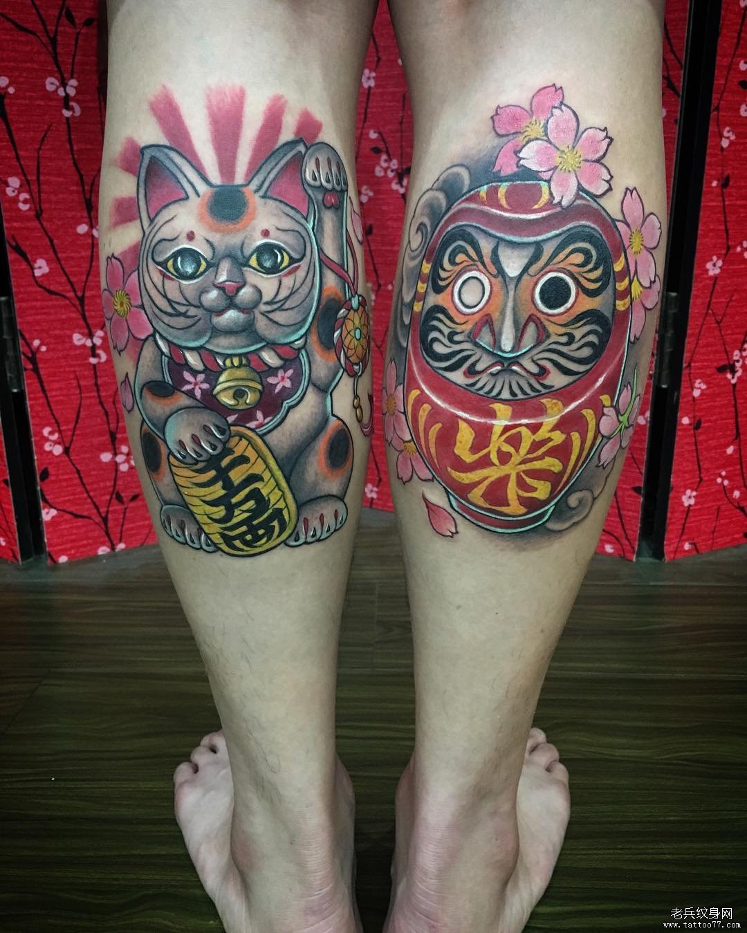 小腿传统招财猫达摩彩色纹身图案