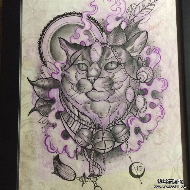欧美school猫纹身图案猫手稿