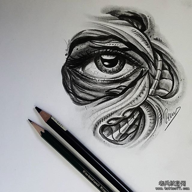 黑灰骷髅眼睛纹身图案手稿