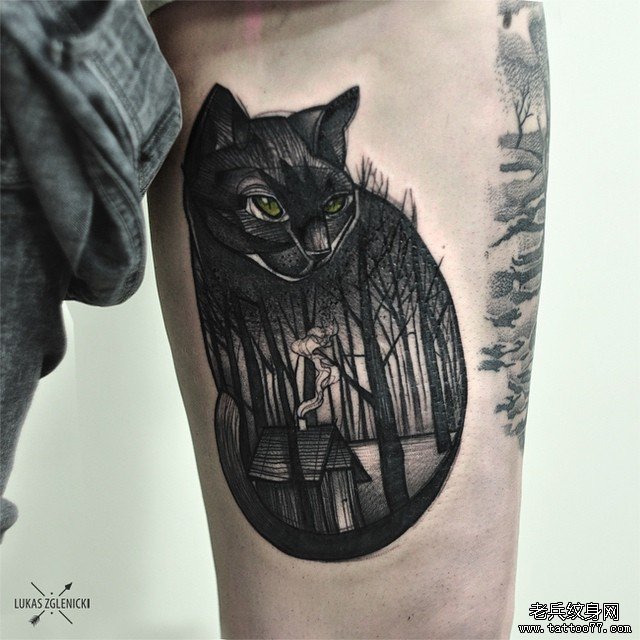 大腿黑灰猫树林纹身欧美图案