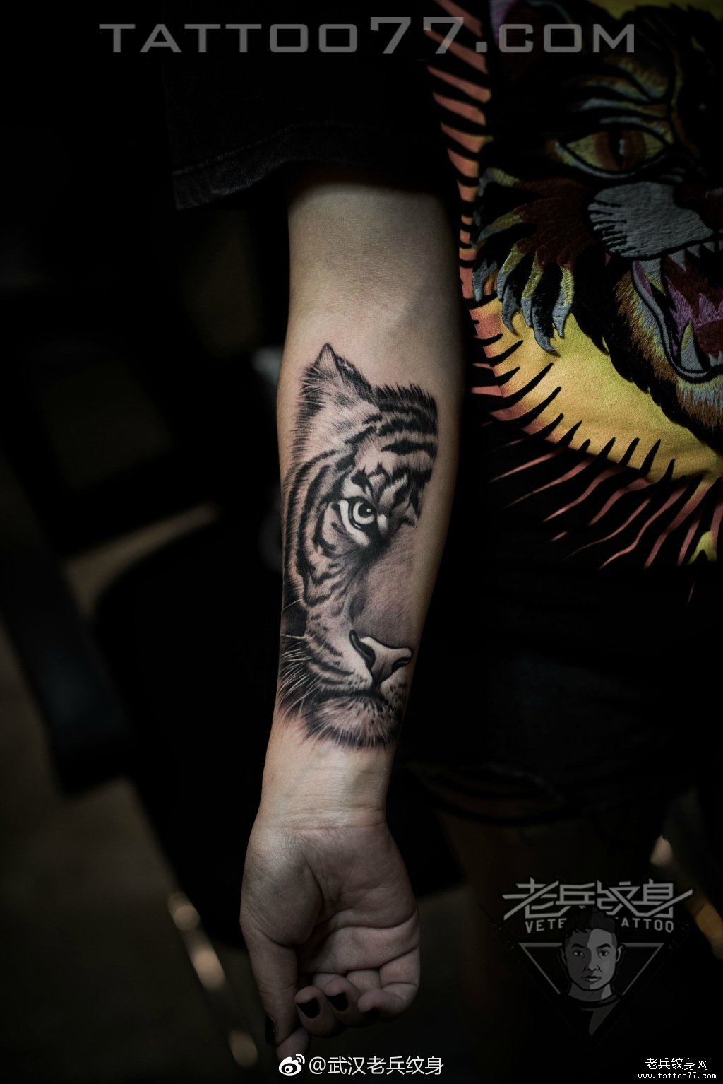 手臂欧美写实老虎纹身图案作品