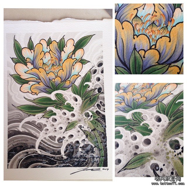 彩色传统牡丹纹身图案手稿