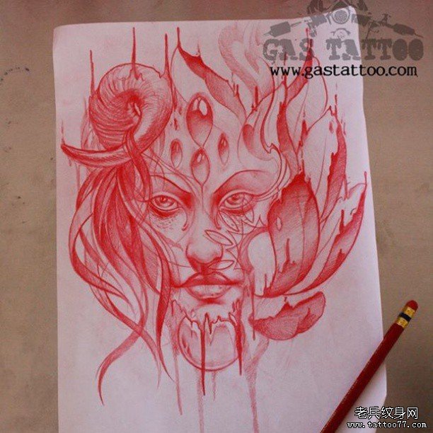 欧美女郎纹身羊图案手稿