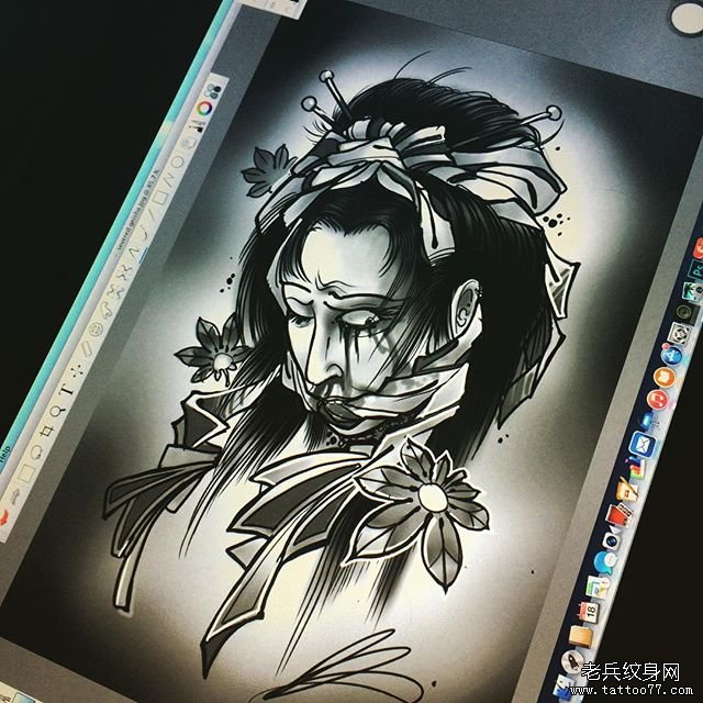 日式生首黑灰纹身图案手稿